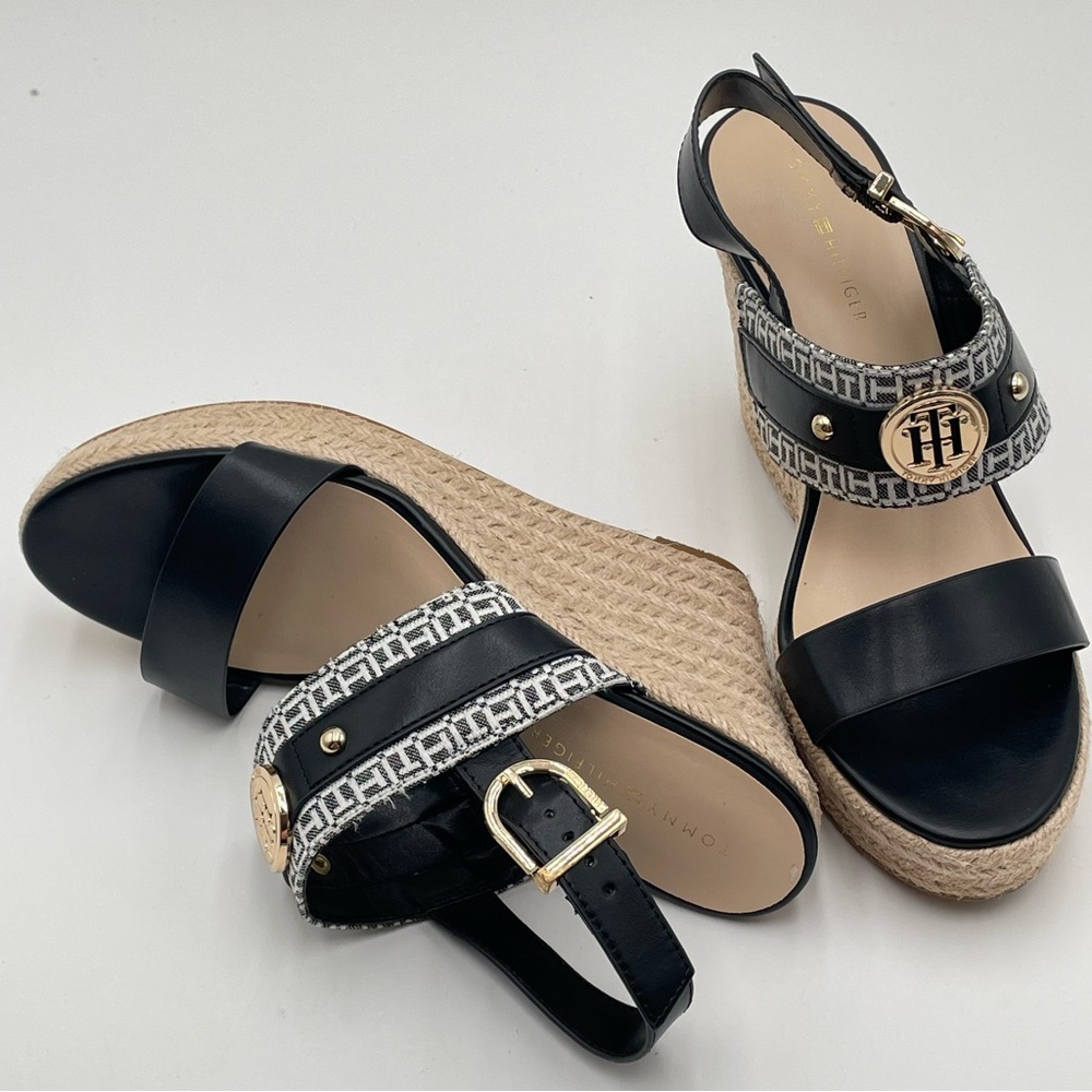 Tommy Hilfiger Shoes 9.5 Platform wedges sandals Black White Gold Logo Medallion